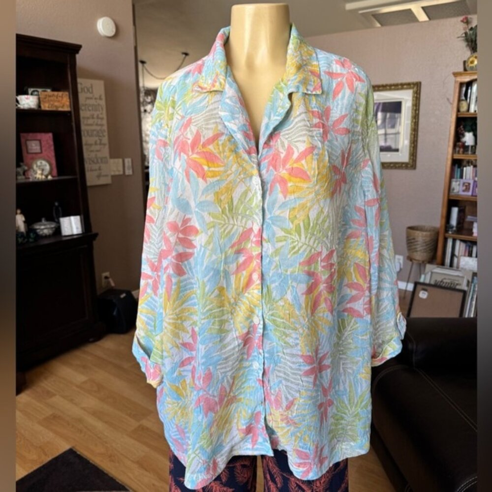 Cathy Daniels blue floral 3/4 sleeves button up blouse-size XXXL